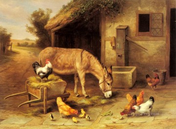 Fowl Painting - A Donkey And Chickens Outside A Stable farm animals Edgar Hunt